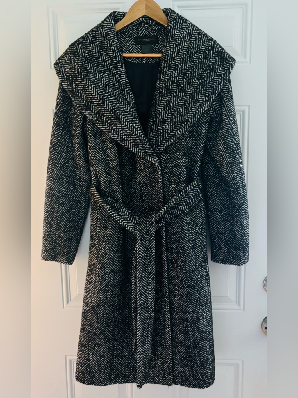 Donna Karan Black & White Herringbone Wrap Trench Coat
